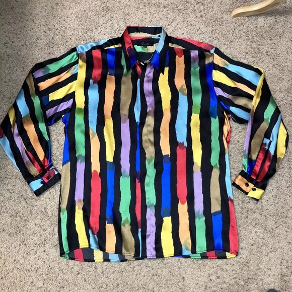 VTG Genelli Silk Shirt MULTICOLOR Paint Design BLACK RAINBOW - Sz L Excellent!
